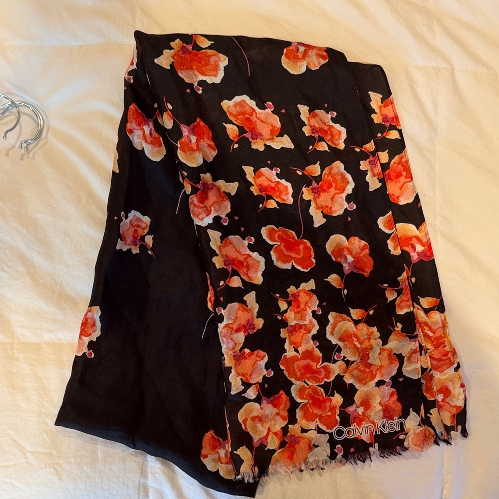 Calvin Klein Black Scarf with Red Pink and Orange Floral Design (~68 in long)